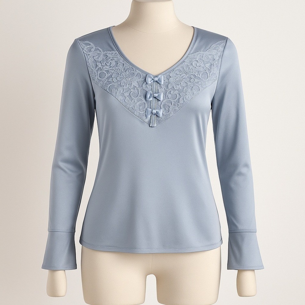 Romantic 100% Silk Lace Neck Long Sleeve Top Size XS Blue Coquette Dainty‎ FLAW
